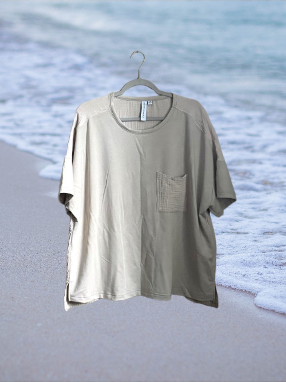 Light taupe Grace + Karma cozy shortsleeve top w/ cotton gauze sz 2X